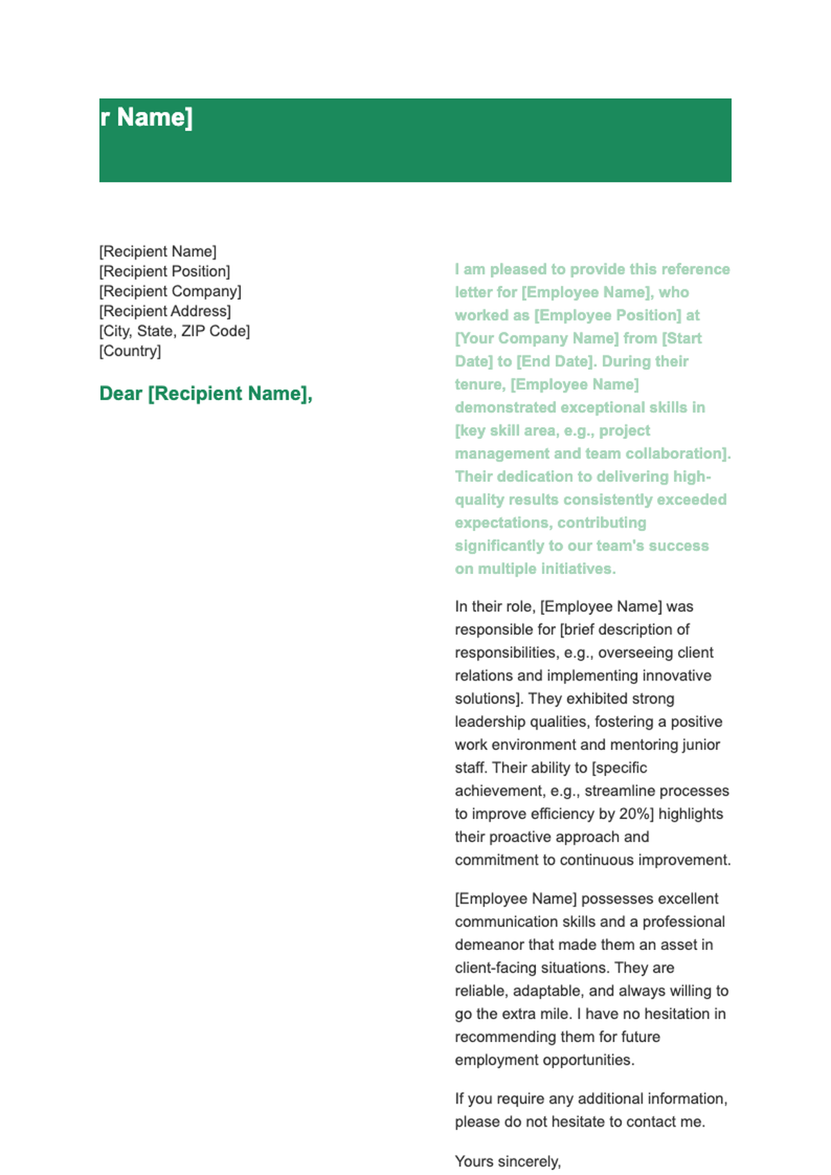 Professional recommendation letter template with green header and wave design_variant_3